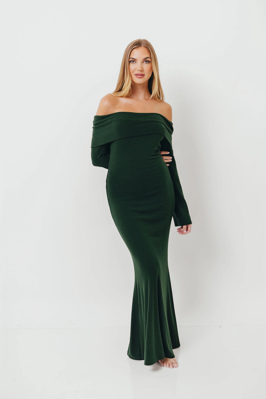 Monroe Maxi Dress with Long Sleeves in Hunter Green- Bump Friendly