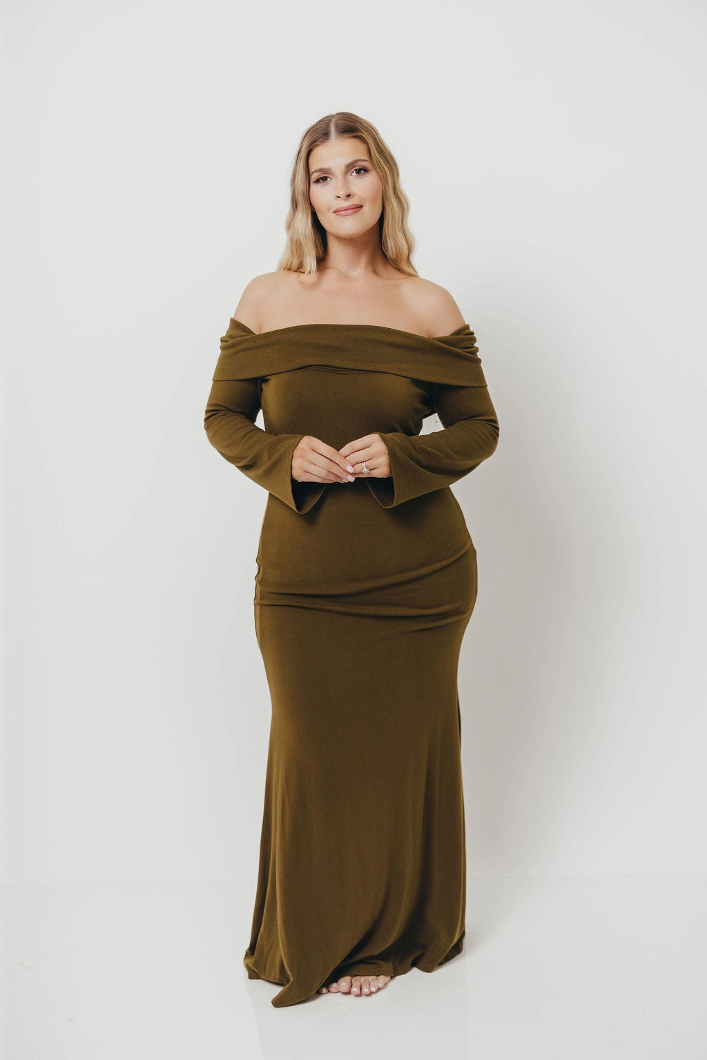 Monroe Maxi Dress with Long Sleeves in Olive Green- Bump Friendly
