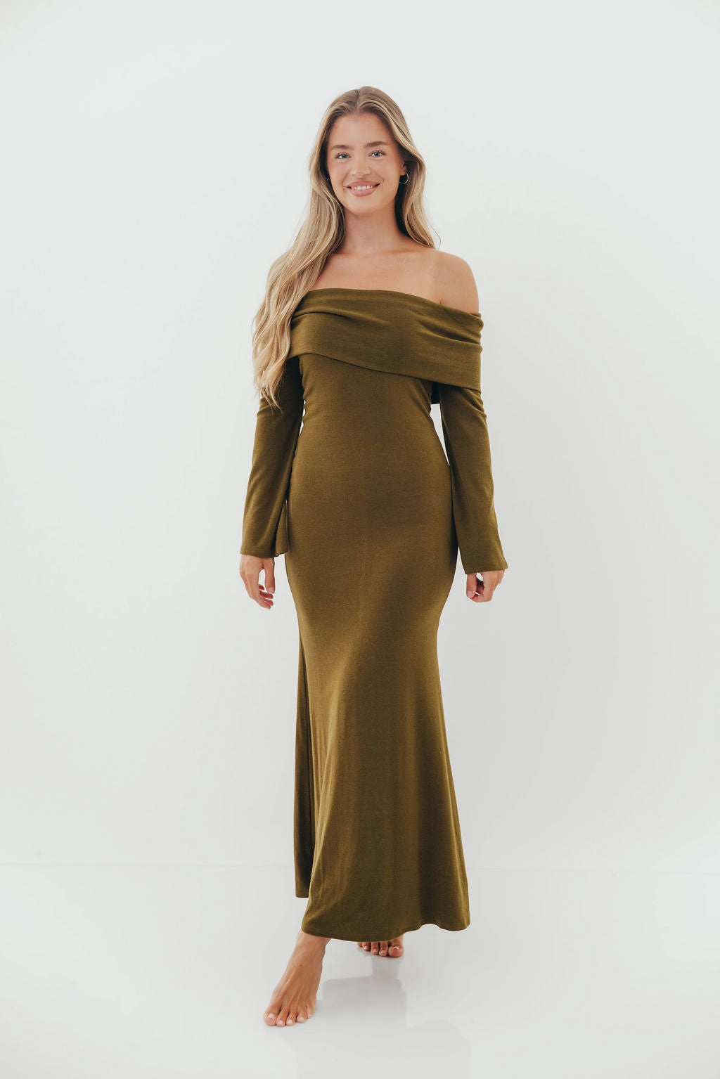 Monroe Maxi Dress with Long Sleeves in Olive Green- Bump Friendly