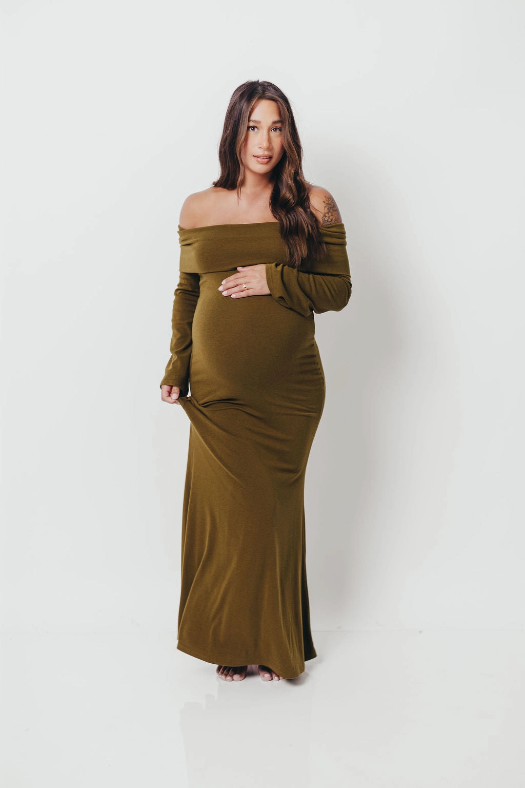 Monroe Maxi Dress with Long Sleeves in Olive Green- Bump Friendly