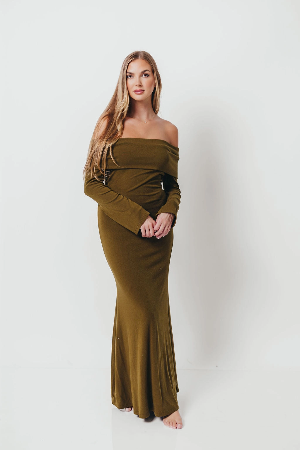 Monroe Maxi Dress with Long Sleeves in Olive Green- Bump Friendly