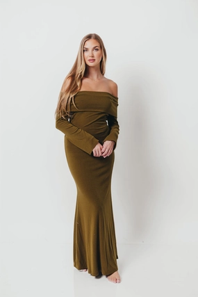 Monroe Maxi Dress with Long Sleeves in Olive Green- Bump Friendly Monroe Maxi Dress with Long Sleeves in Olive Green- Bump Friendly