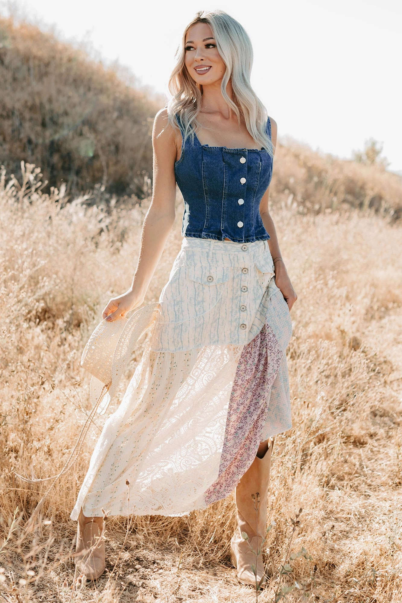 Moonlit Path Patchwork Maxi POL Skirt (Blue/Multi)