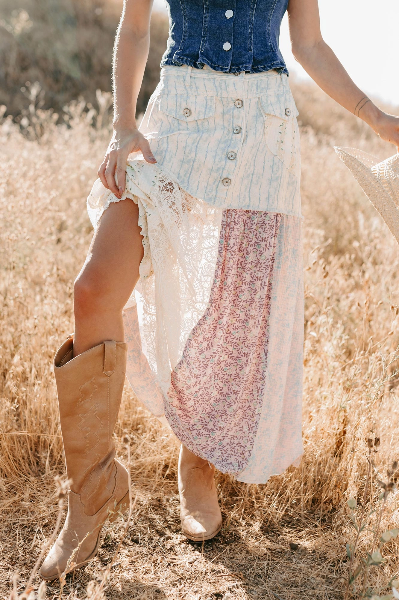 Moonlit Path Patchwork Maxi POL Skirt (Blue/Multi)