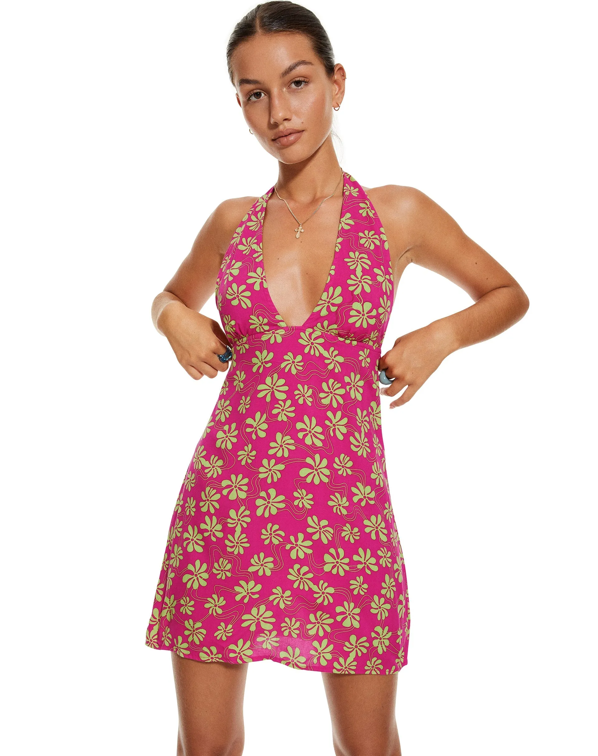 MOTEL X BARBARA Leana Mini Dress in 90s Beachy Floral Hot Pink