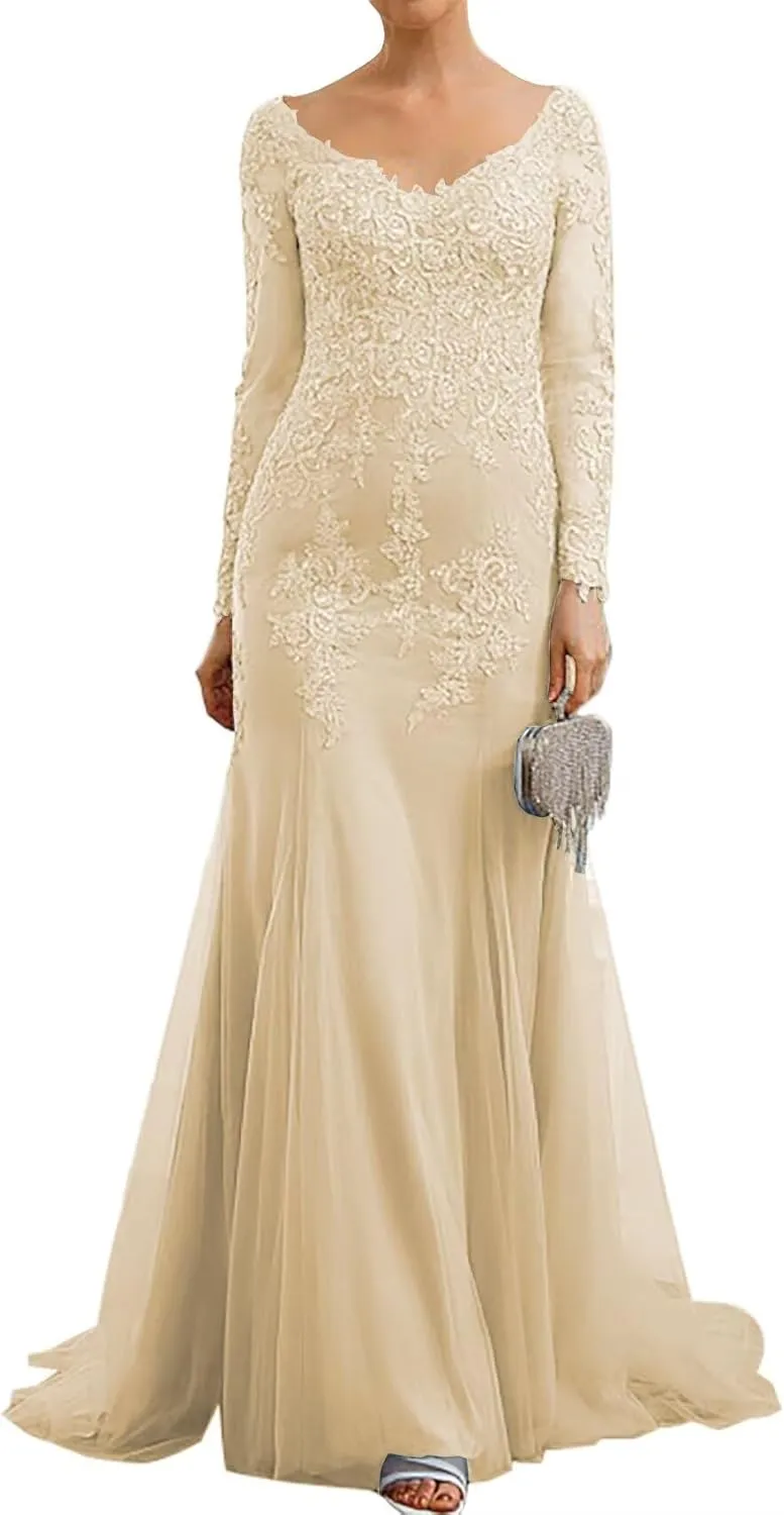 Mother of The Bride Dresses Lace Appliques Mermaid Tulle Evening Formal Gowns