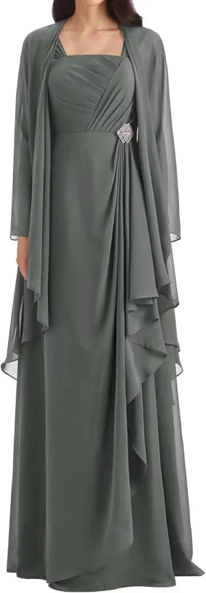 Mother of The Bride Dresses with Jacket Pleated Ruffles Formal Evening Gown 2 Pieces Long Chiffon