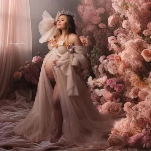 MQTIME  -  Off Shoulder Pink Evening Dresses Floral Appliques Tulle Women Pregnancy Photoshoot Robes Sexy Long Sleeves Maternity Gowns