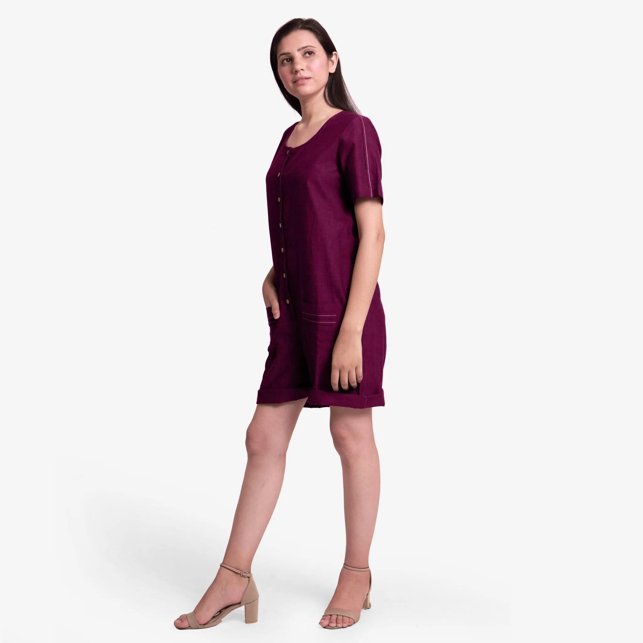 Mulberry Warm Cotton Button-Down Short Romper