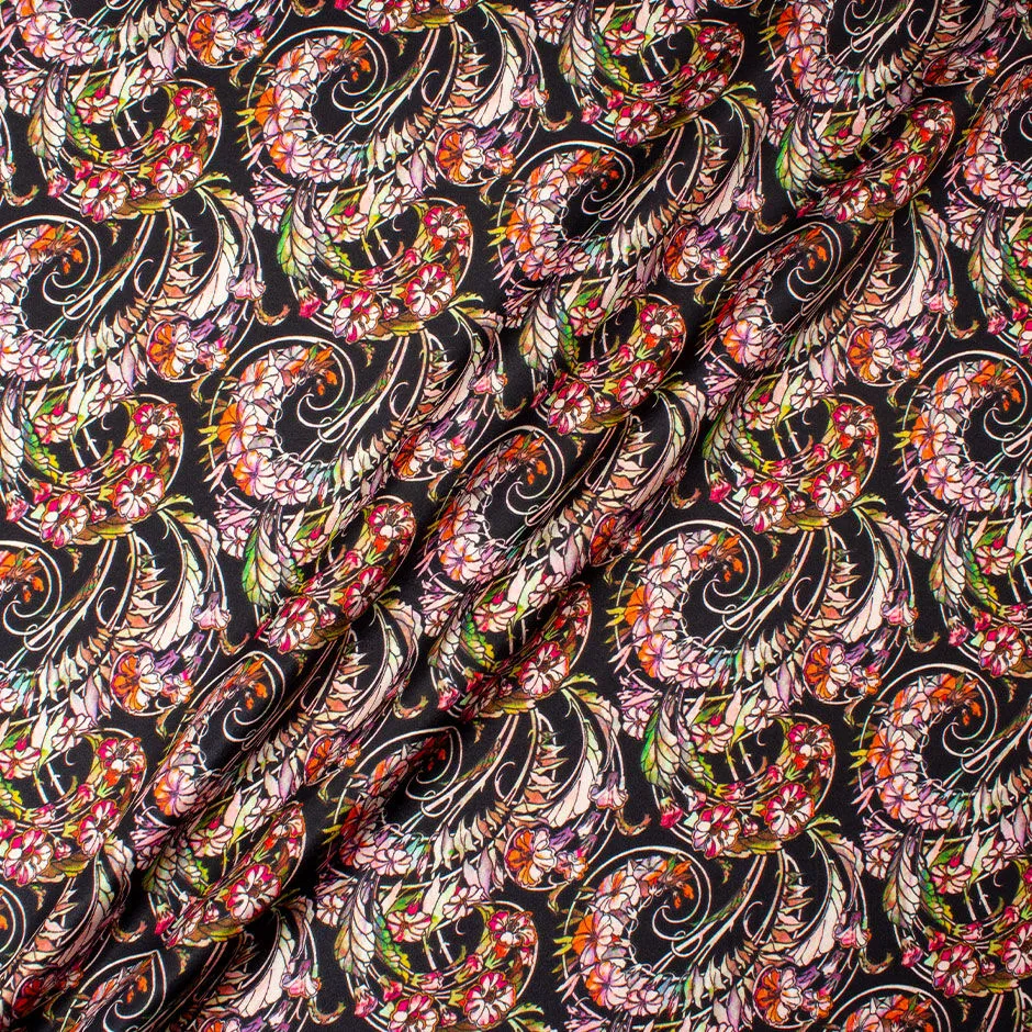 Multi Floral Printed Black Silk & Viscose Blend
