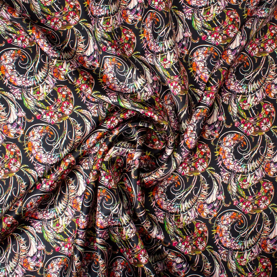 Multi Floral Printed Black Silk & Viscose Blend