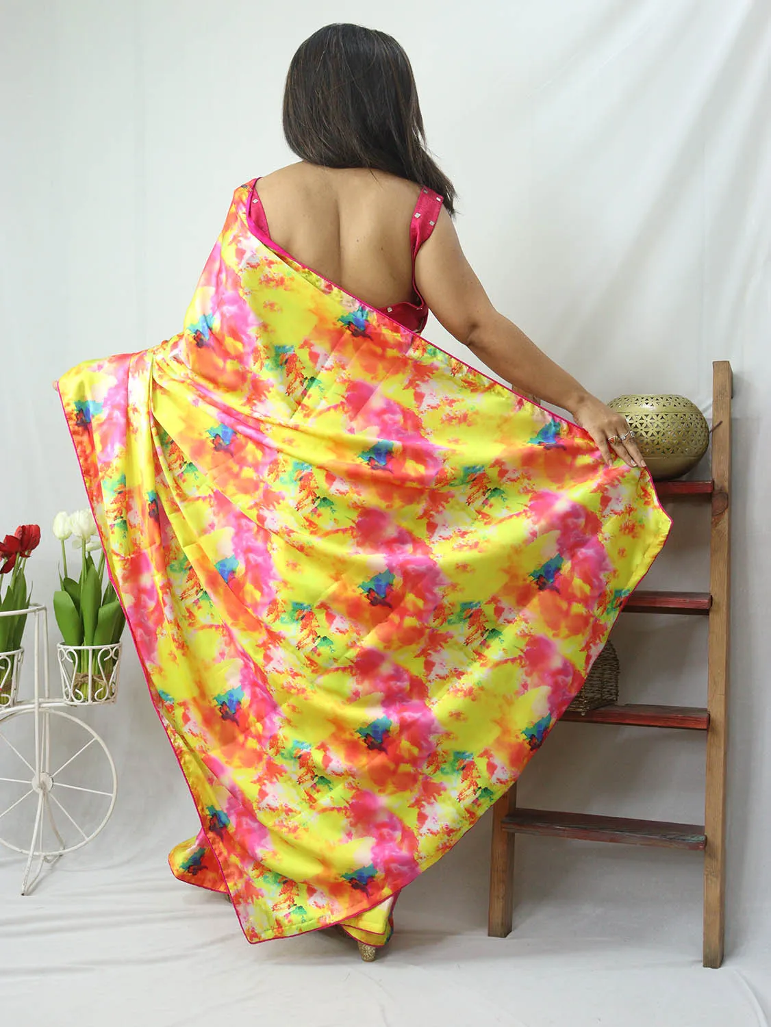 Multicolor Digital Printed Tie & Dye Satin Silk Saree