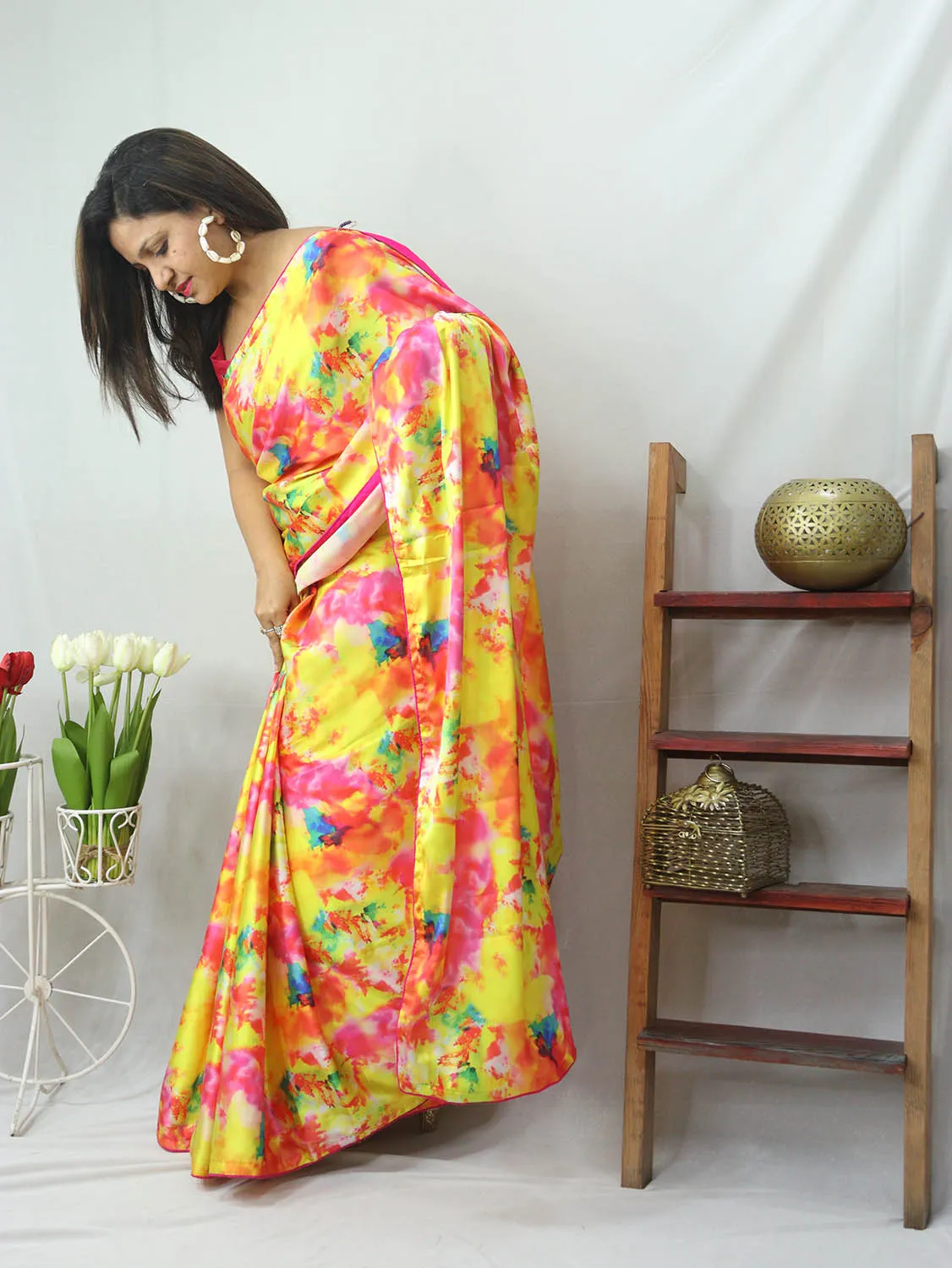 Multicolor Digital Printed Tie & Dye Satin Silk Saree