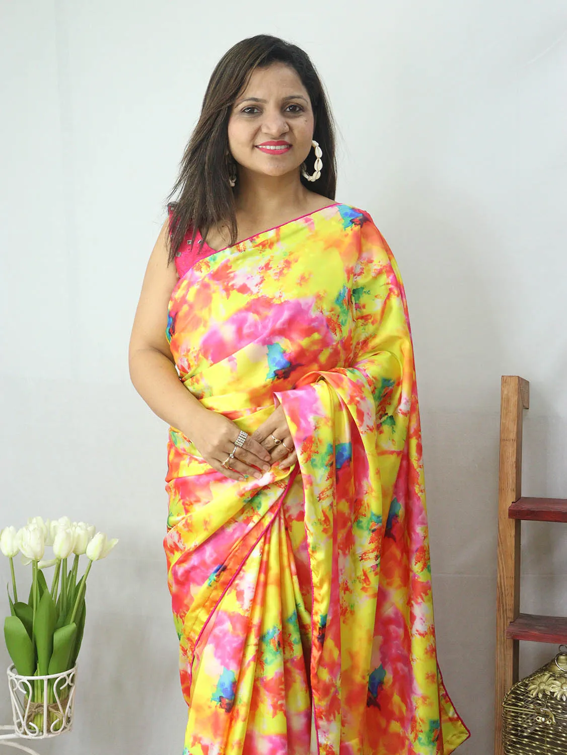 Multicolor Digital Printed Tie & Dye Satin Silk Saree