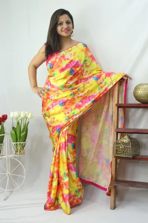 Multicolor Digital Printed Tie & Dye Satin Silk Saree