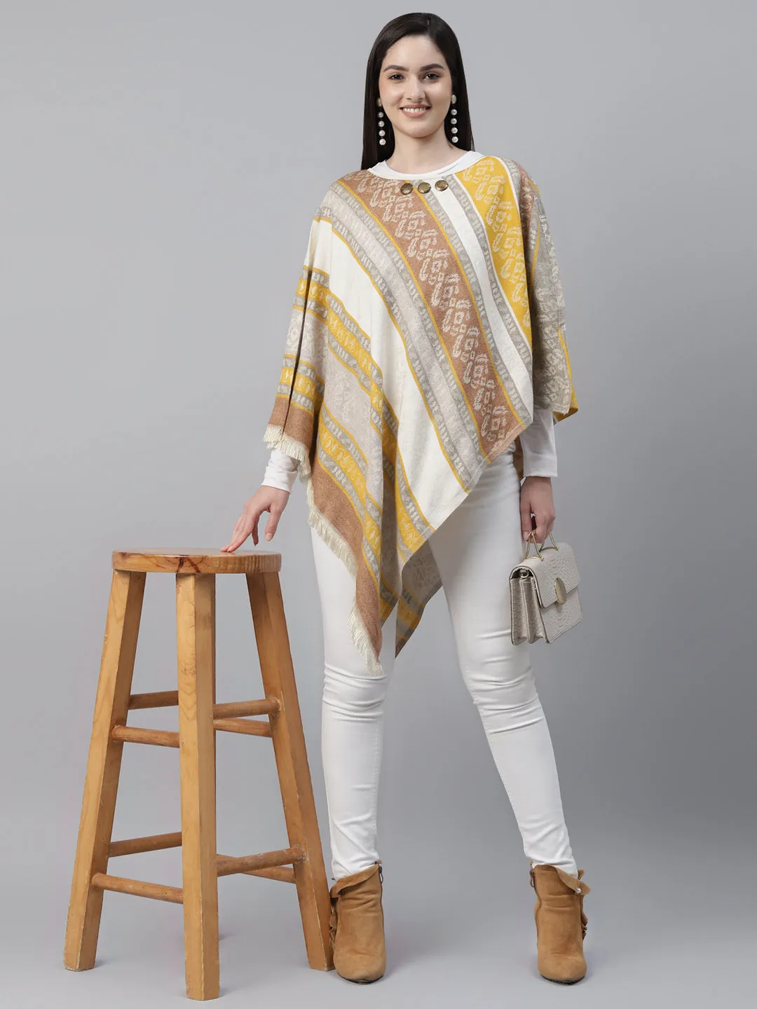 Mustard Embellished Yarn Dyed Cotton Cape