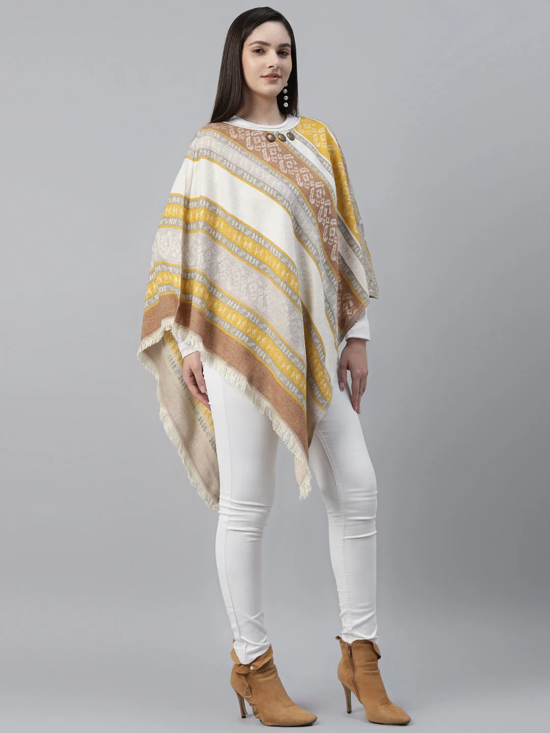 Mustard Embellished Yarn Dyed Cotton Cape