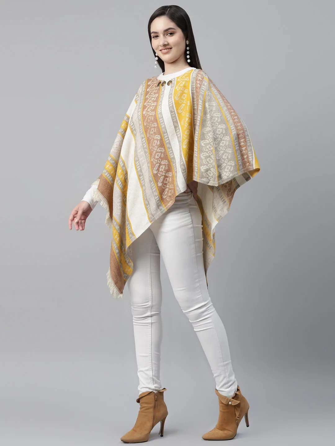 Mustard Embellished Yarn Dyed Cotton Cape
