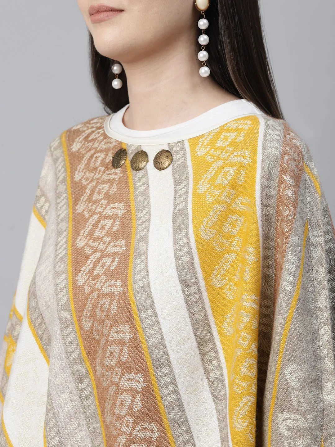 Mustard Embellished Yarn Dyed Cotton Cape