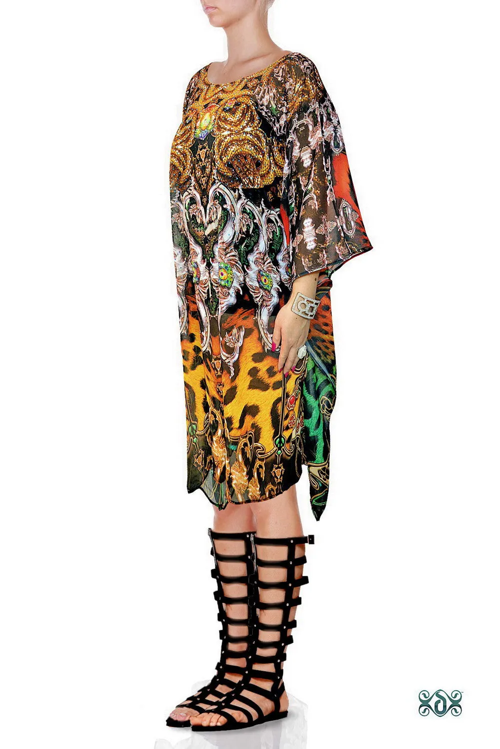 NATURE MORTE Bejeweled Animal Print Devarshy Pure Silk Short Kaftan - 1108A