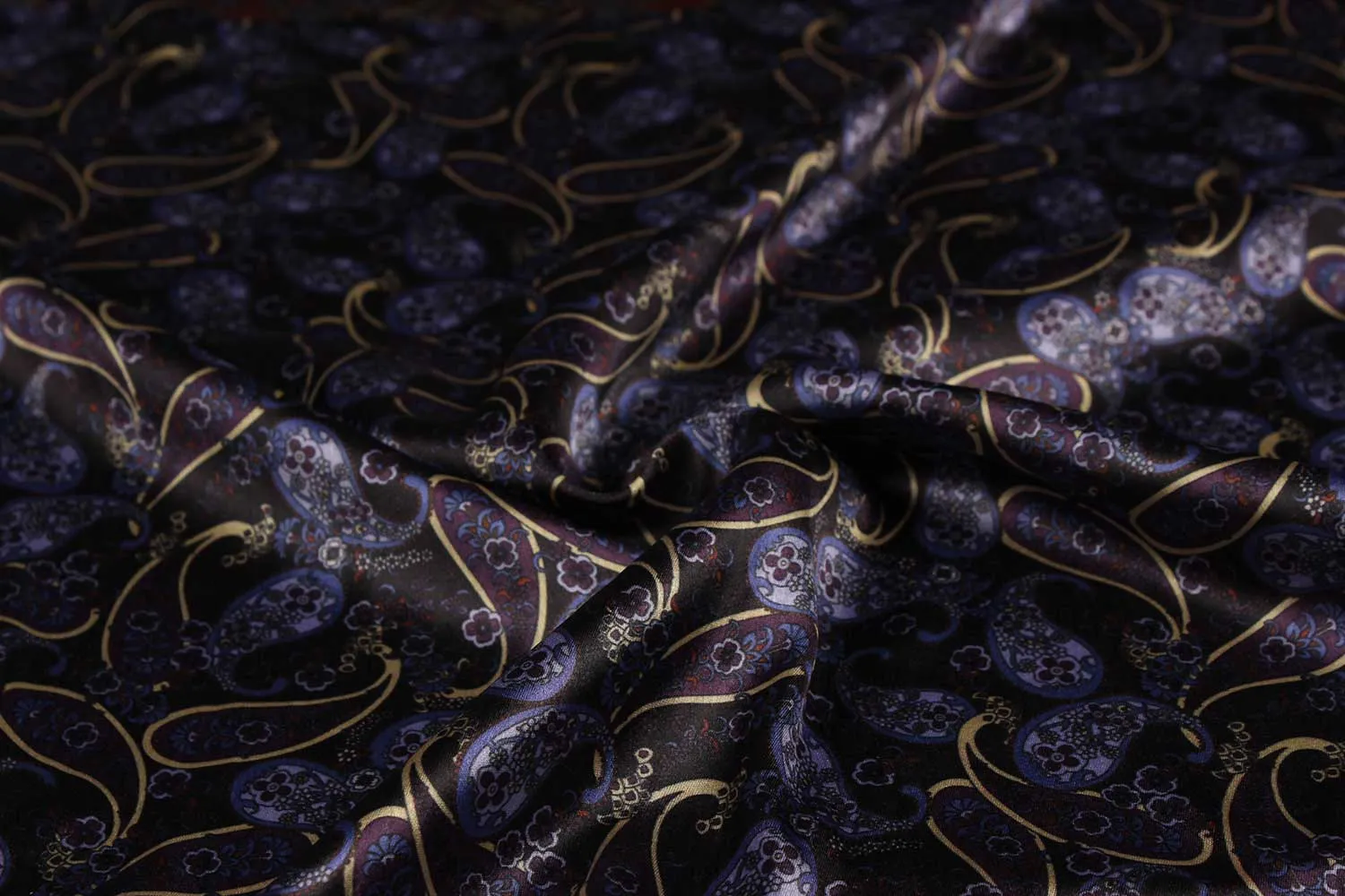 Navy Blue, Black Traditional Printed Satin Fabric