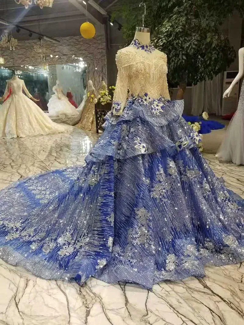 Navy Blue party High Neck Long Tulle Sleeves A-line Muslim Mother of the Bride Dress