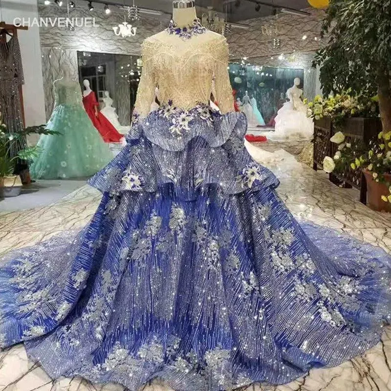 Navy Blue party High Neck Long Tulle Sleeves A-line Muslim Mother of the Bride Dress