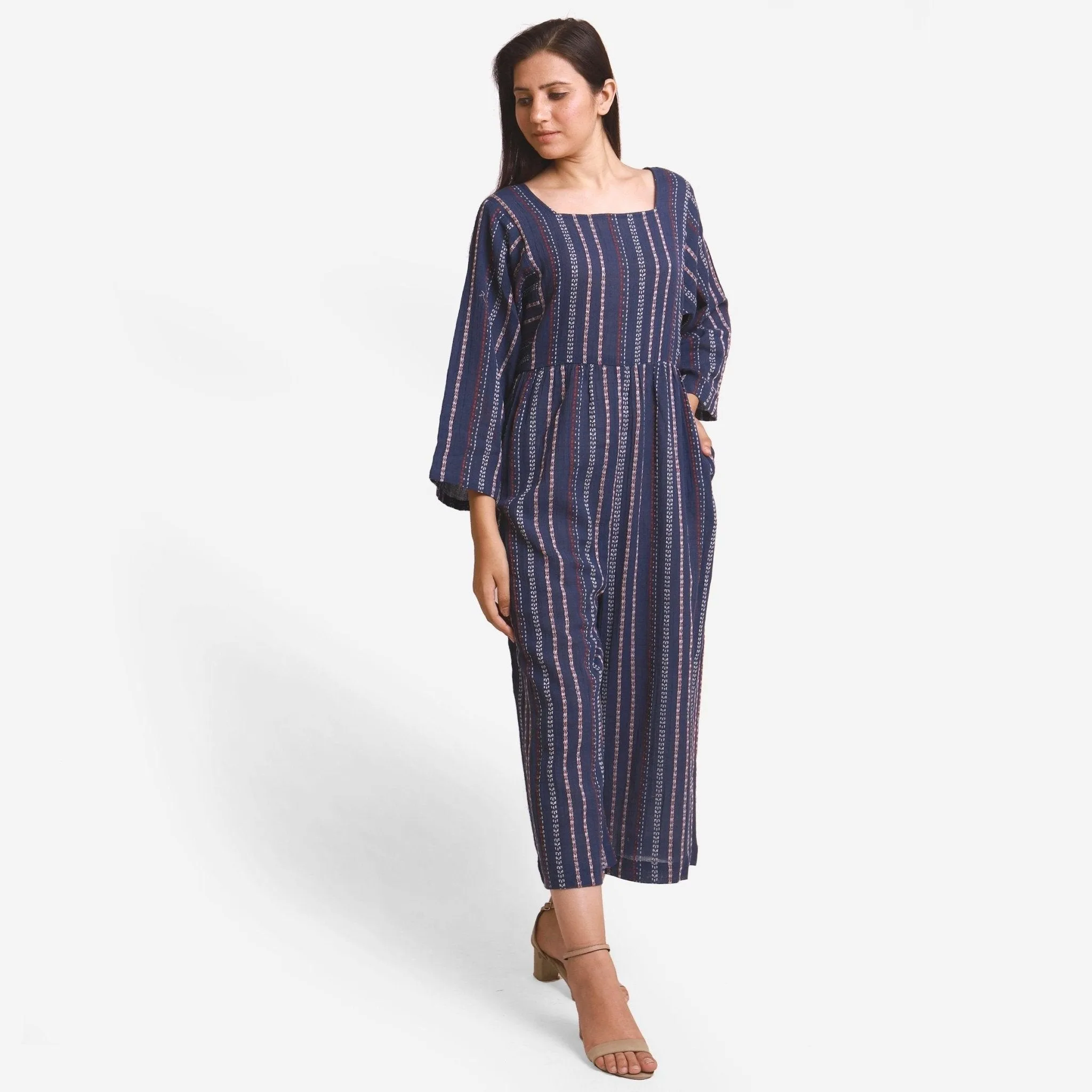 Navy Blue Striped Crinkled Cotton Kimono Sleeves Flared Jumpsuit