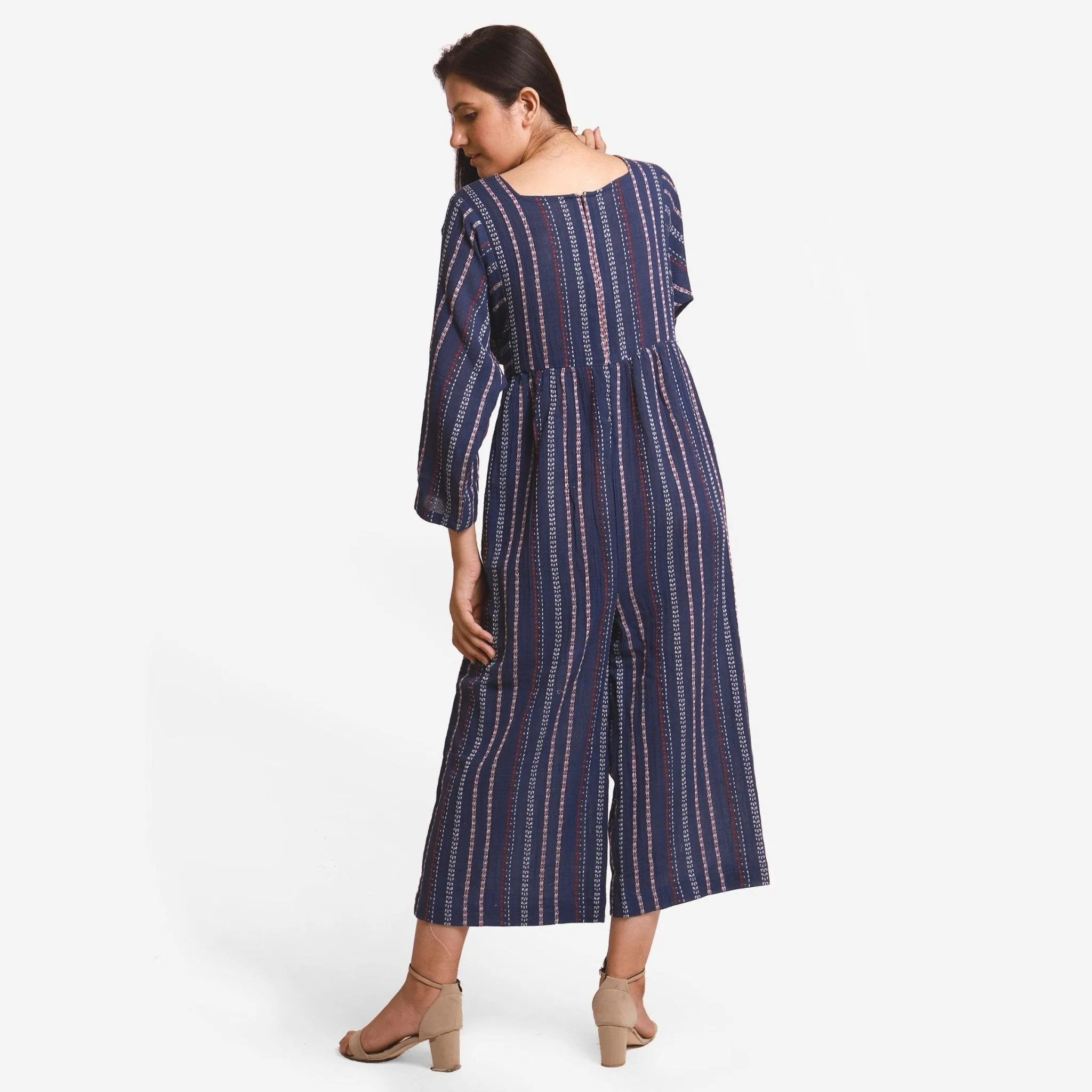 Navy Blue Striped Crinkled Cotton Kimono Sleeves Flared Jumpsuit