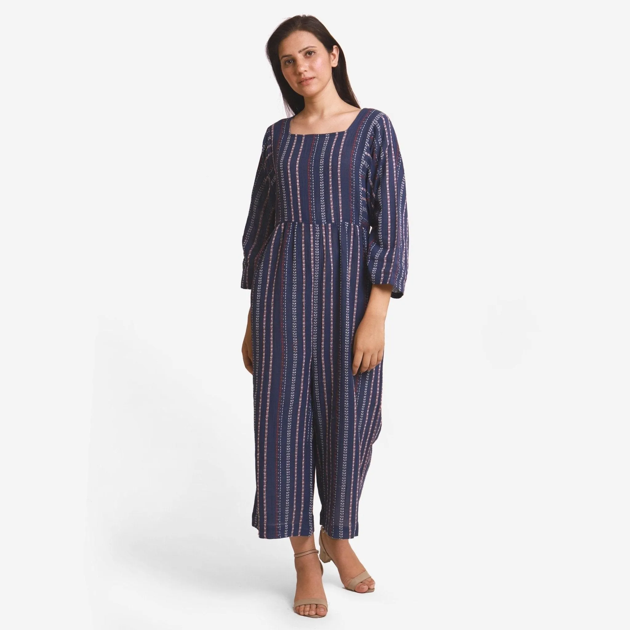 Navy Blue Striped Crinkled Cotton Kimono Sleeves Flared Jumpsuit