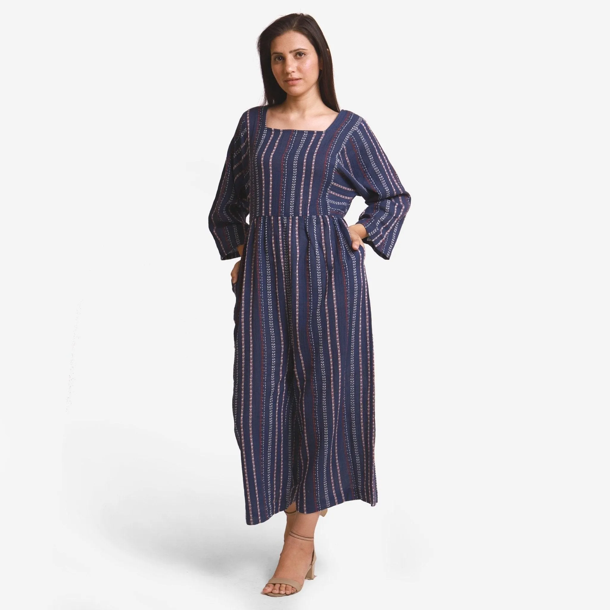 Navy Blue Striped Crinkled Cotton Kimono Sleeves Flared Jumpsuit