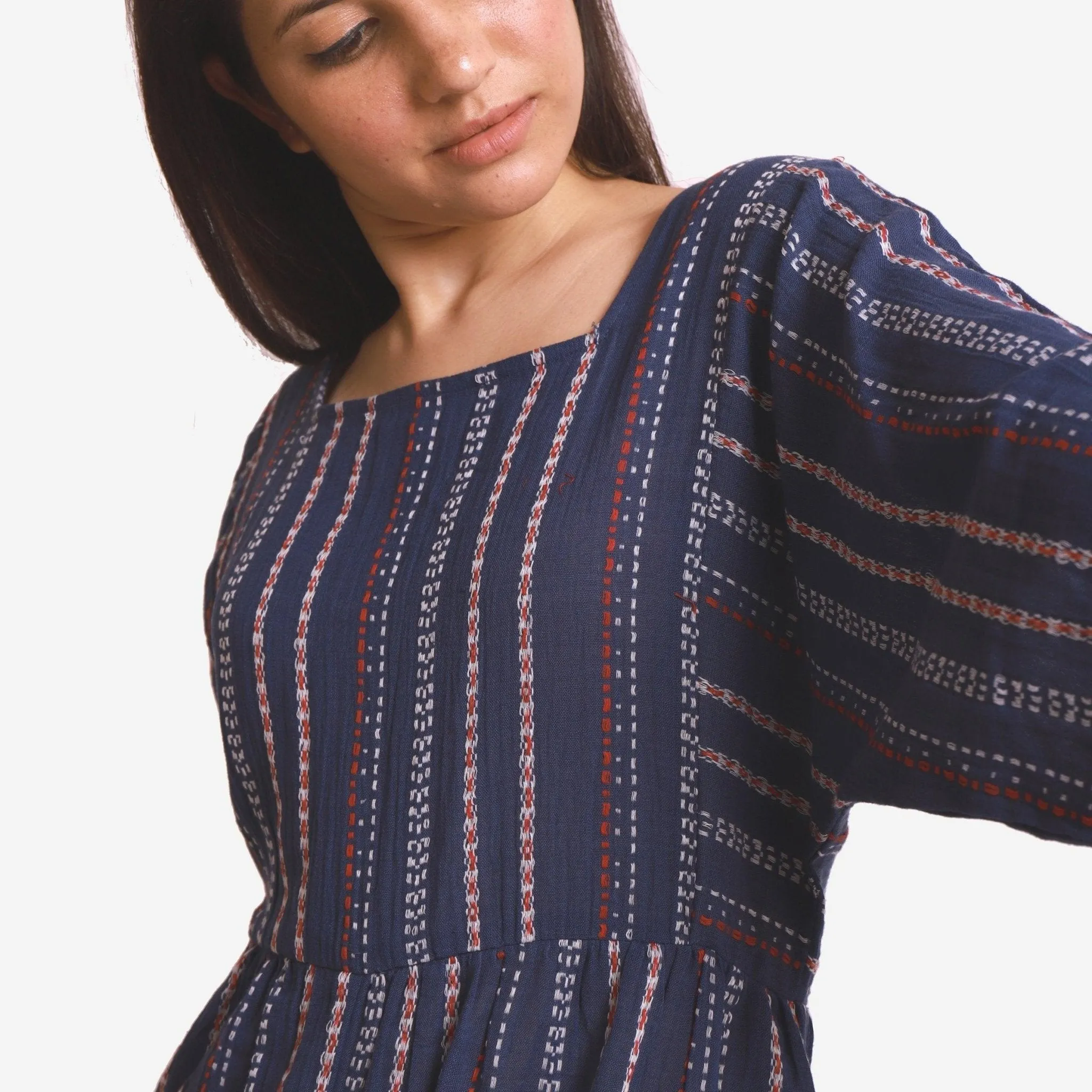 Navy Blue Striped Crinkled Cotton Kimono Sleeves Flared Jumpsuit