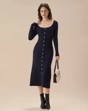 Navy Contrasting Button-Up Sweater Dress