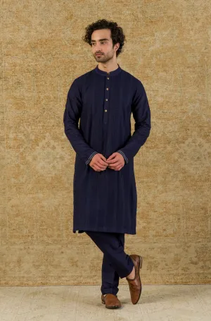 Navy Kurta Pintuck In Cotton Silk Blend Set
