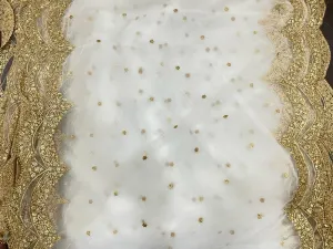 Net Embroidered Fabric Ivory with Gold borders on either side 36" wide