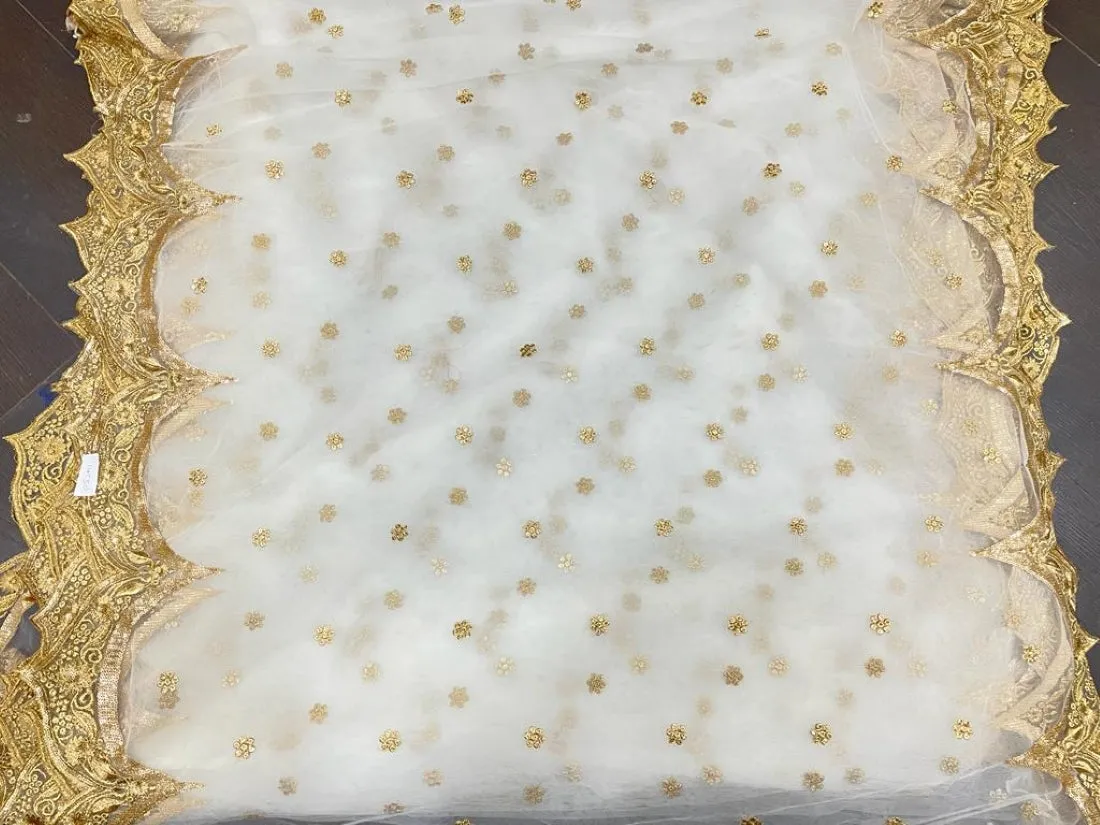 Net Embroidered Fabric Ivory with Gold borders on either side 36" wide
