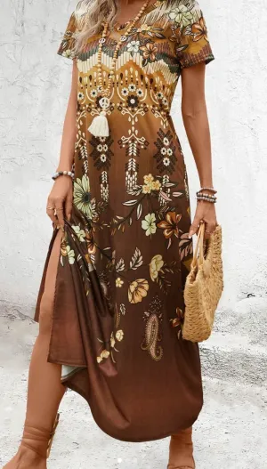 New Casual Dress Colorful Print V Neck Loose fit Maxi Retro Ethnic Style Ankle Length Beach Vacation With Side Split, Sz S, would fit up to Sz M
