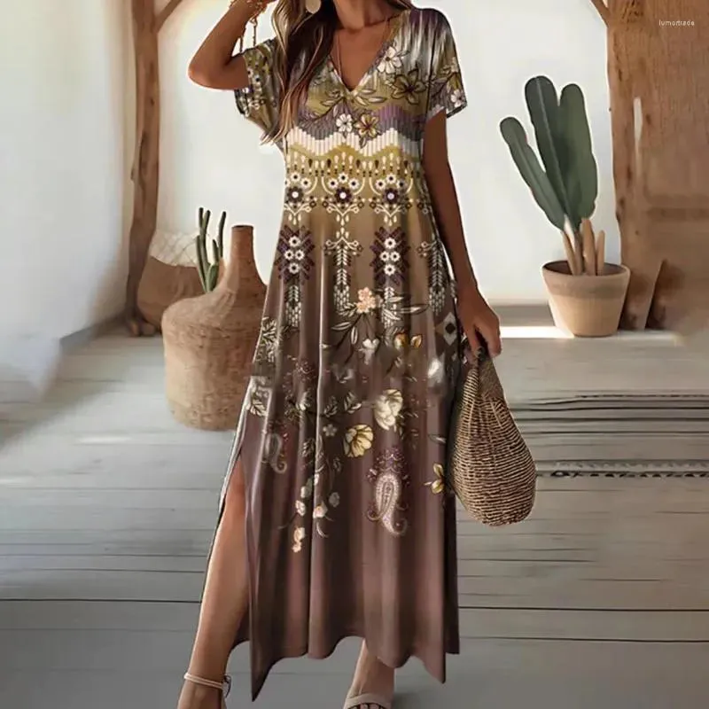 New Casual Dress Colorful Print V Neck Loose fit Maxi Retro Ethnic Style Ankle Length Beach Vacation With Side Split, Sz S, would fit up to Sz M