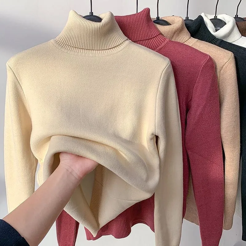 New Elegant Thicken Velvet Lined Turtleneck Winter Sweater for Women - Warm Sueter Knitted Pullover, Slim Tops, and Jersey Knitwear Jumper.