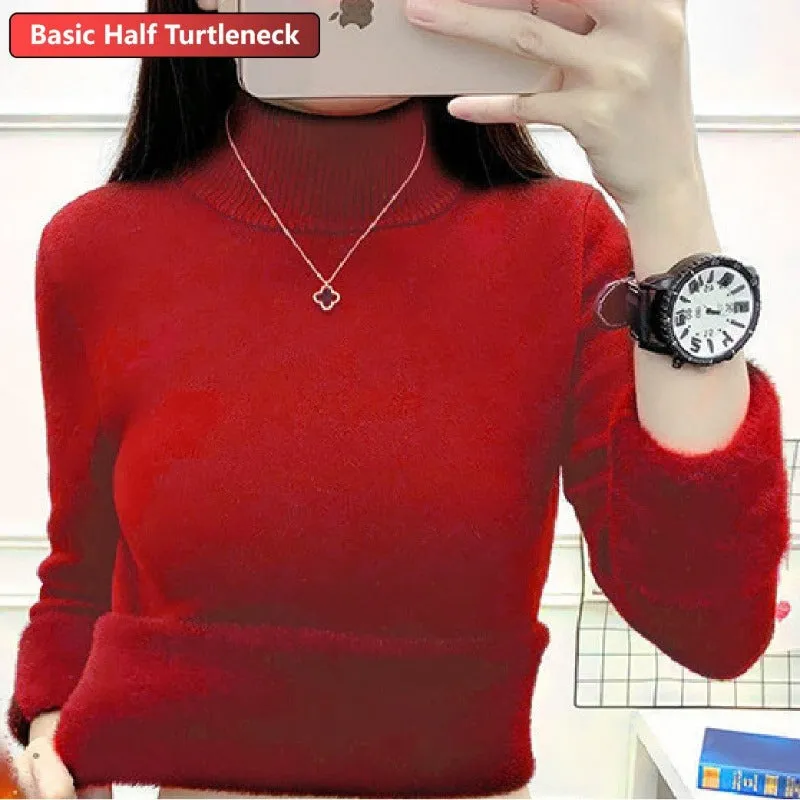 New Elegant Thicken Velvet Lined Turtleneck Winter Sweater for Women - Warm Sueter Knitted Pullover, Slim Tops, and Jersey Knitwear Jumper.