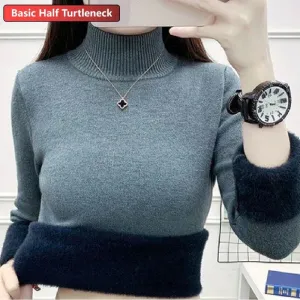 New Elegant Thicken Velvet Lined Turtleneck Winter Sweater for Women - Warm Sueter Knitted Pullover, Slim Tops, and Jersey Knitwear Jumper.