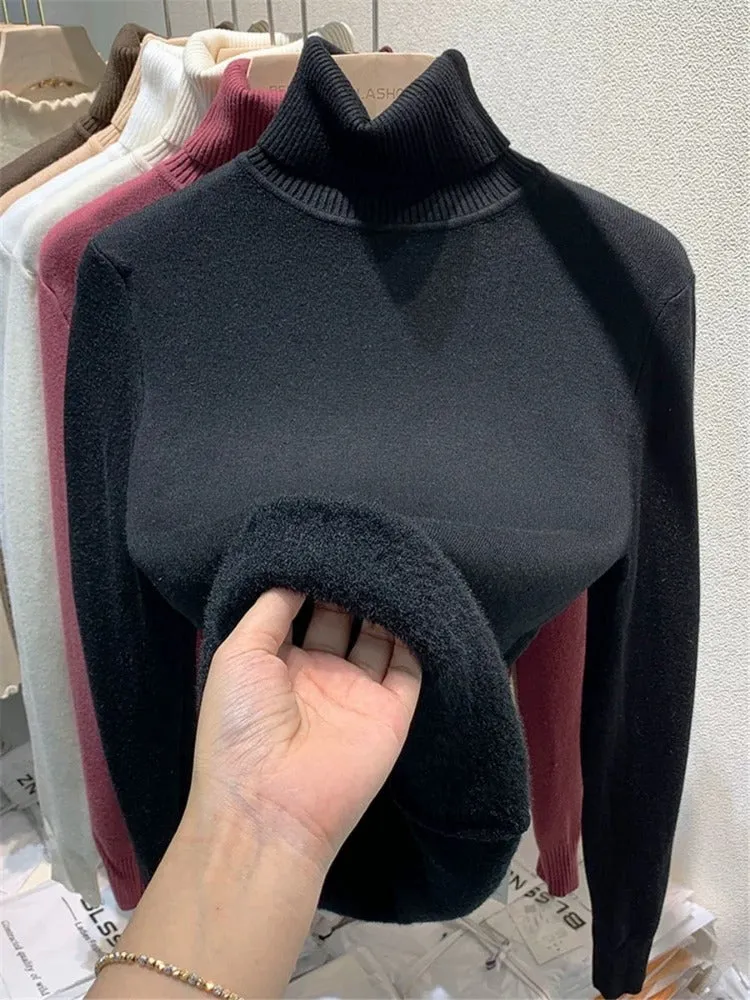 New Elegant Thicken Velvet Lined Turtleneck Winter Sweater for Women - Warm Sueter Knitted Pullover, Slim Tops, and Jersey Knitwear Jumper.