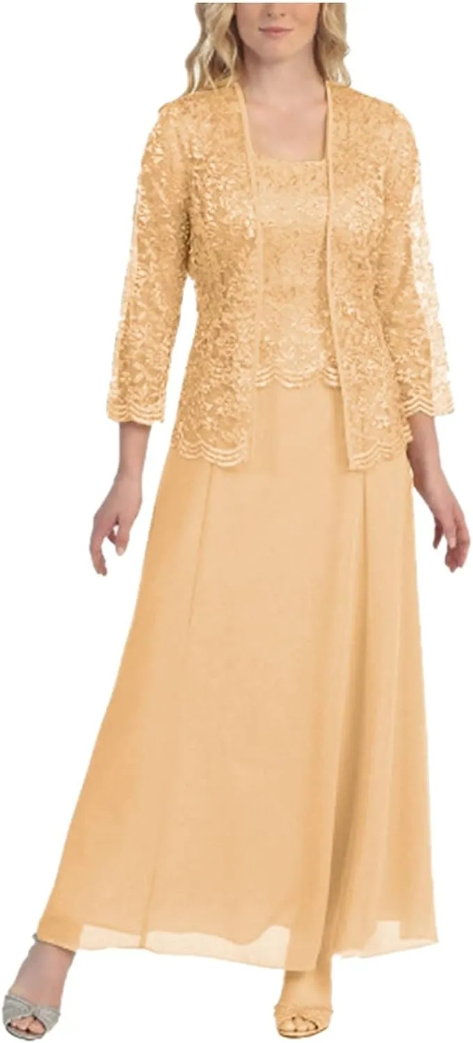 NEW Women's Lace Mother of The Bride Dresses with Jacket 3/4 Sleeve Chiffon Long Formal Dresses Evening Gowns, Peach, Sz L