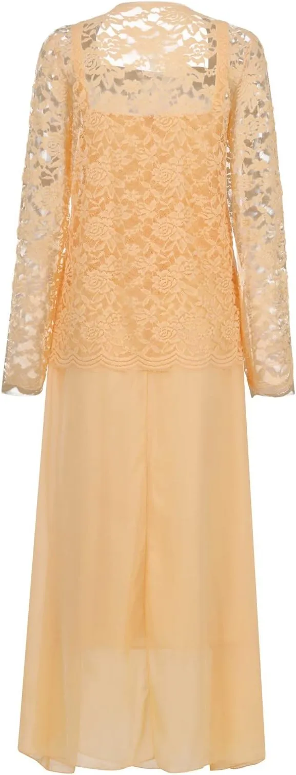 NEW Women's Lace Mother of The Bride Dresses with Jacket 3/4 Sleeve Chiffon Long Formal Dresses Evening Gowns, Peach, Sz L