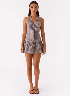 New Look Shirred Halter Mini Dress - Chocolate Gingham New Look Shirred Halter Mini Dress - Chocolate Gingham