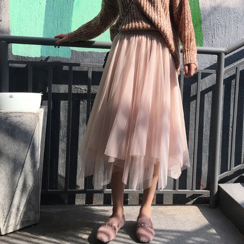 Niche Mesh Skirt High Waist Pleated Flare Fairy-Look Tutu Summer Women Skirt