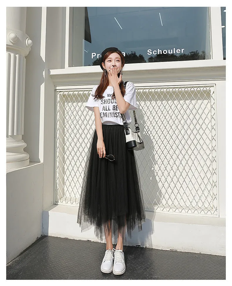 Niche Mesh Skirt High Waist Pleated Flare Fairy-Look Tutu Summer Women Skirt