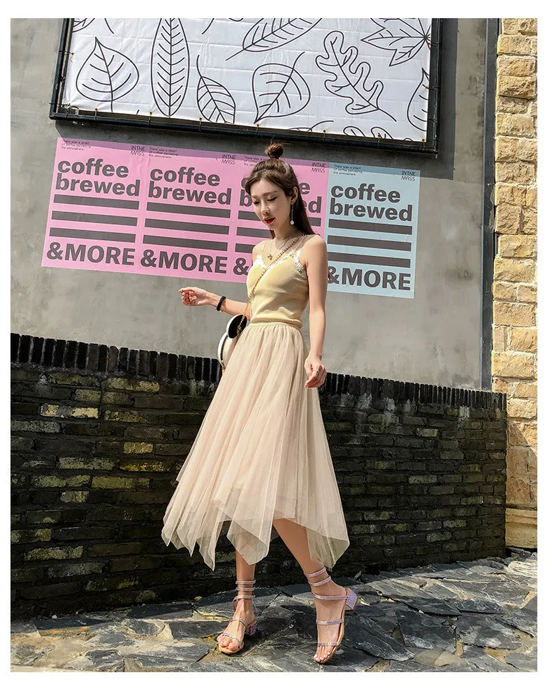 Niche Mesh Skirt High Waist Pleated Flare Fairy-Look Tutu Summer Women Skirt