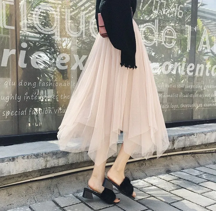 Niche Mesh Skirt High Waist Pleated Flare Fairy-Look Tutu Summer Women Skirt