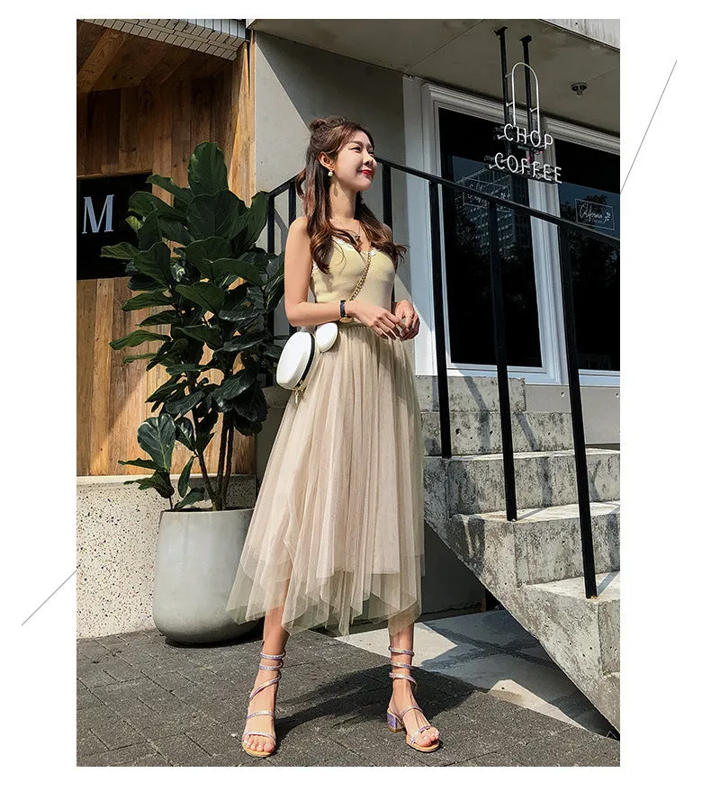 Niche Mesh Skirt High Waist Pleated Flare Fairy-Look Tutu Summer Women Skirt